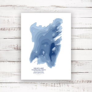 Lac Head Lacs Kawartha | Carte bathymétrique | Poster imprimé | Carte personnalisée du lac | Art mural des lacs de Kawartha | Art de la carte du lac | Idée cadeau cabane