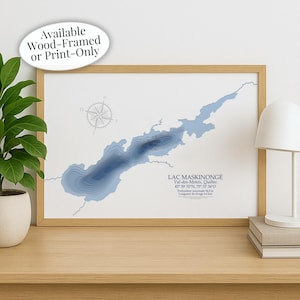 Lac Maskinonge Map | Val-des-Lacs Quebec | Custom Lake Map | Bathymetric Print | Lake Depth Map | Cabin Gift | Cottage Wall Art