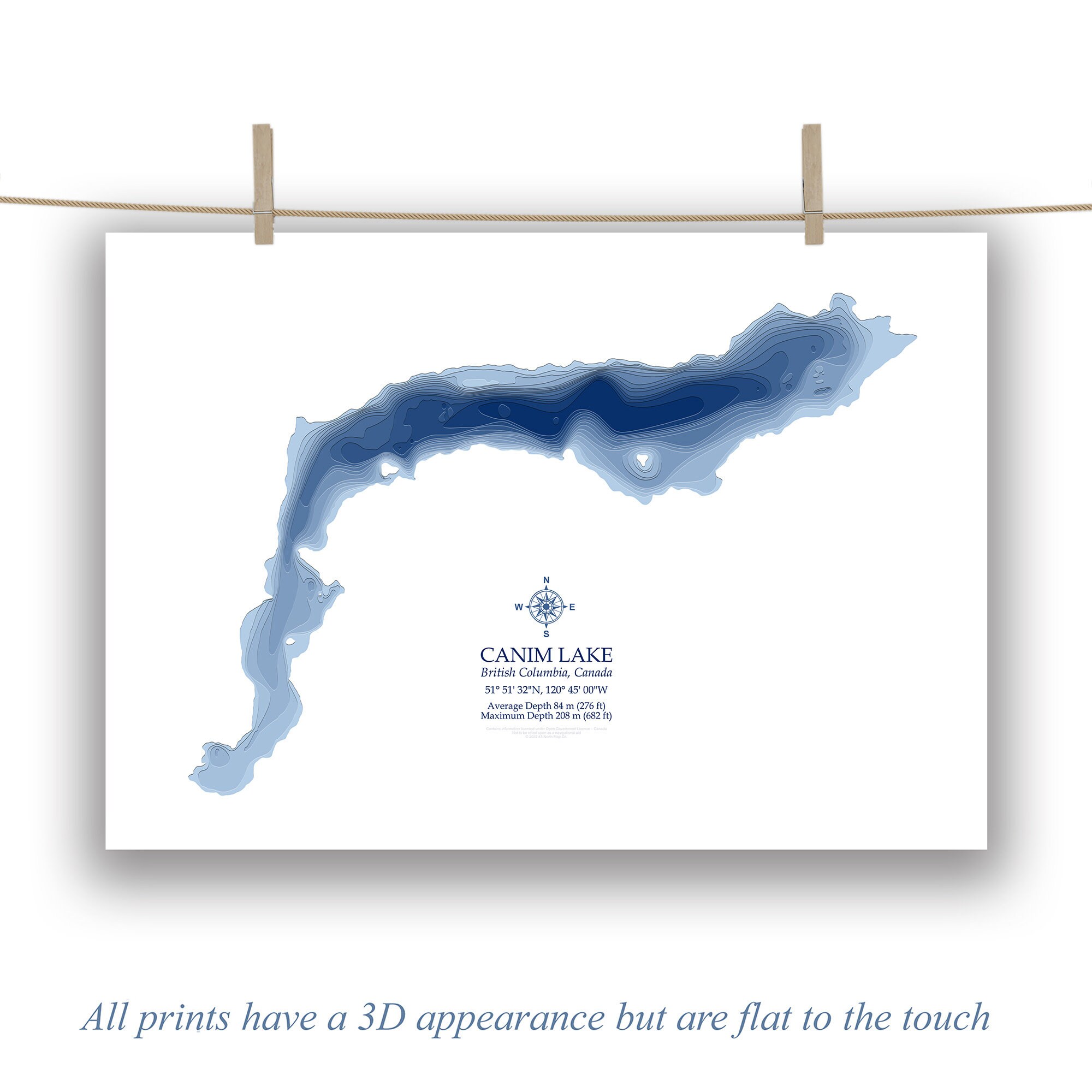 Canim Lake British Columbia Bathymetric Map Lake Depth Print 12x18 to