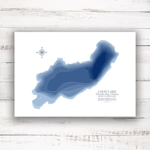 Lac Loon Thunder Bay | Carte bathymétrique | Poster imprimé | Carte personnalisée du lac | Art mural de Thunder Bay | Art de la carte du lac | Idée cadeau chalet