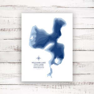 Williams Lake Ontario | Carte bathymétrique Profondeur du lac Imprimer | 12"x16 » à 30"x40 » | Carte personnalisée | Affiche Imprimer | Carte personnalisée des lacs | Cadeau de chalet