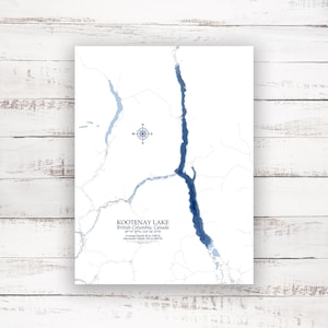 Lac Kootenay Vallée de l'Okanagan | Impression de carte bathymétrique | 12"x16" à 30"x40" | Idée cadeau lac | Impression d’affiche | Carte personnalisée du lac | Cadeau cabine
