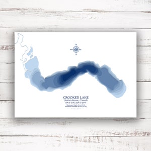 Crooked Lake Saskatchewan | Carte du lac | Carte bathymétrique | Carte personnalisée du lac | Impression poster 2D | Art de la carte du lac | Idée cadeau chalet chalet