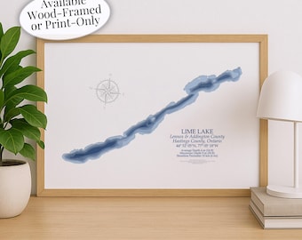 Lime Lake Map | Hastings County Lennox Addington County | Custom Lake Map | Bathymetric Print | Lake Depth Map | Cottage Wall Art
