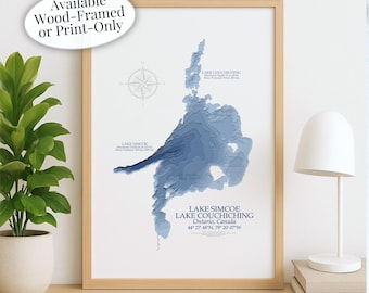 Lake Simcoe Couchiching Map | Barrie Orillia Ontario  | Custom Lake Map | Bathymetric Print | Lake Depth Map | Cabin Gift | Cottage Art