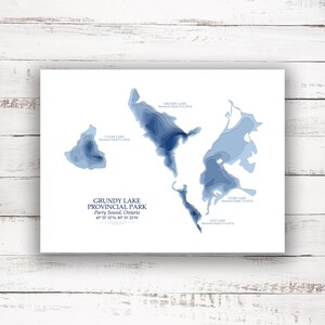 Parc provincial Grundy Lake | Carte bathymétrique Imprimer | 12"x16 » à 30"x40 » | Cadeau Camping | Idée cadeau lac | Affiche Imprimer | Carte personnalisée des lacs |