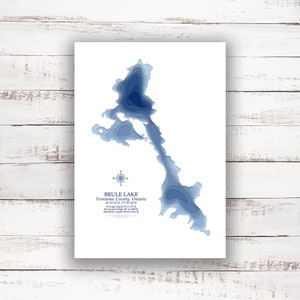 Lac Brule Comté de Frontenac | Carte du lac | Carte bathymétrique | Carte personnalisée du lac | Impression poster 2D | Art de la carte du lac | Idée cadeau chalet chalet