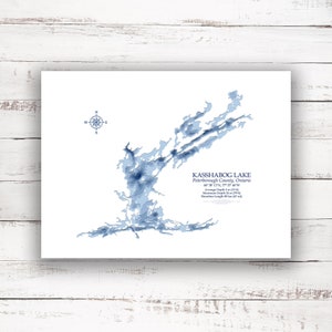 Kasshabog Lake Ontario | Carte bathymétrique Profondeur du lac Imprimer | 12"x16 » à 30"x40 » | Idée cadeau du lac| Affiche Imprimer | Carte personnalisée du lac| Cadeau de chalet