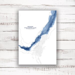 Nelson Colombie-Britannique | Lac Kootenay | 12"x18 » à 28"x40 » | Idée cadeau lac | Affiche Imprimer | Carte personnalisée des lacs | Cadeau de chalet