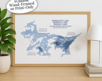 Mosquito Lake Benson Lake Indian Lake Map | Rideau Canal  | Custom Lake Map | Bathymetric Print | Lake Depth Map | Cottage Wall Art