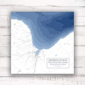 Baie de Nepisiguit Nouveau-Brunswick | Carte bathymétrique | Poster imprimé | Carte personnalisée | Art mural du Nouveau-Brunswick | Art de la carte du lac | Idée cadeau cabane