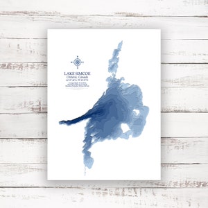 Lac Simcoe Ontario | Carte bathymétrique | Poster imprimé | Carte personnalisée du lac | Art mural de l'Ontario | Art de la carte du lac | Idée cadeau chalet