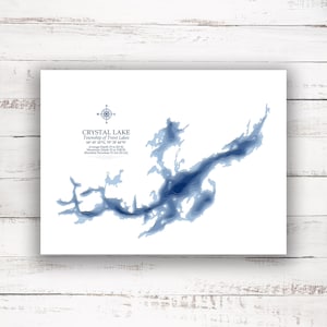 Lac Crystal Lacs Kawartha | Carte du lac | Carte bathymétrique | Carte personnalisée du lac | Impression poster 2D | Art de la carte du lac | Idée cadeau chalet chalet