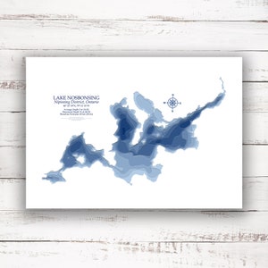 Lac Nosbons Ontario | Carte bathymétrique de la profondeur du lac | 12"x18" à 28"x40" | Carte personnalisée | Affiche imprimée | Carte personnalisée du lac | Cadeau chalet