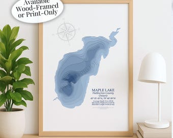 Maple Lake Map | Haliburton County West Guilford | Custom Lake Map | Bathymetric Print | Lake Depth Map | Cabin Gift | Cottage Wall Art