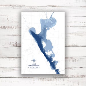 Lake Temiskaming | Temiskaming Shores  | Bathymetric Map | Print Poster | Custom Lake Map |  Wall Art | Lake Map Art | Cabin Gift Idea