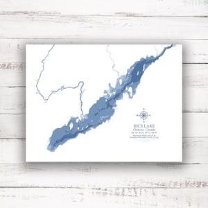 Lac Rice Ontario | Carte bathymétrique | Poster imprimé | Carte personnalisée du lac | Art mural de l'Ontario | Art de la carte du lac | Idée cadeau chalet | Trent Severn