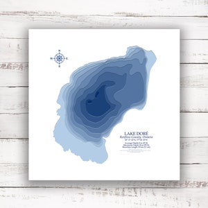 Lac Dore | | du comté de Renfrew Carte bathymétrique Profondeur du lac Imprimer | 12"x12 » à 28"x28 » | Carte personnalisée | Carte personnalisée des lacs | Cadeau de chalet