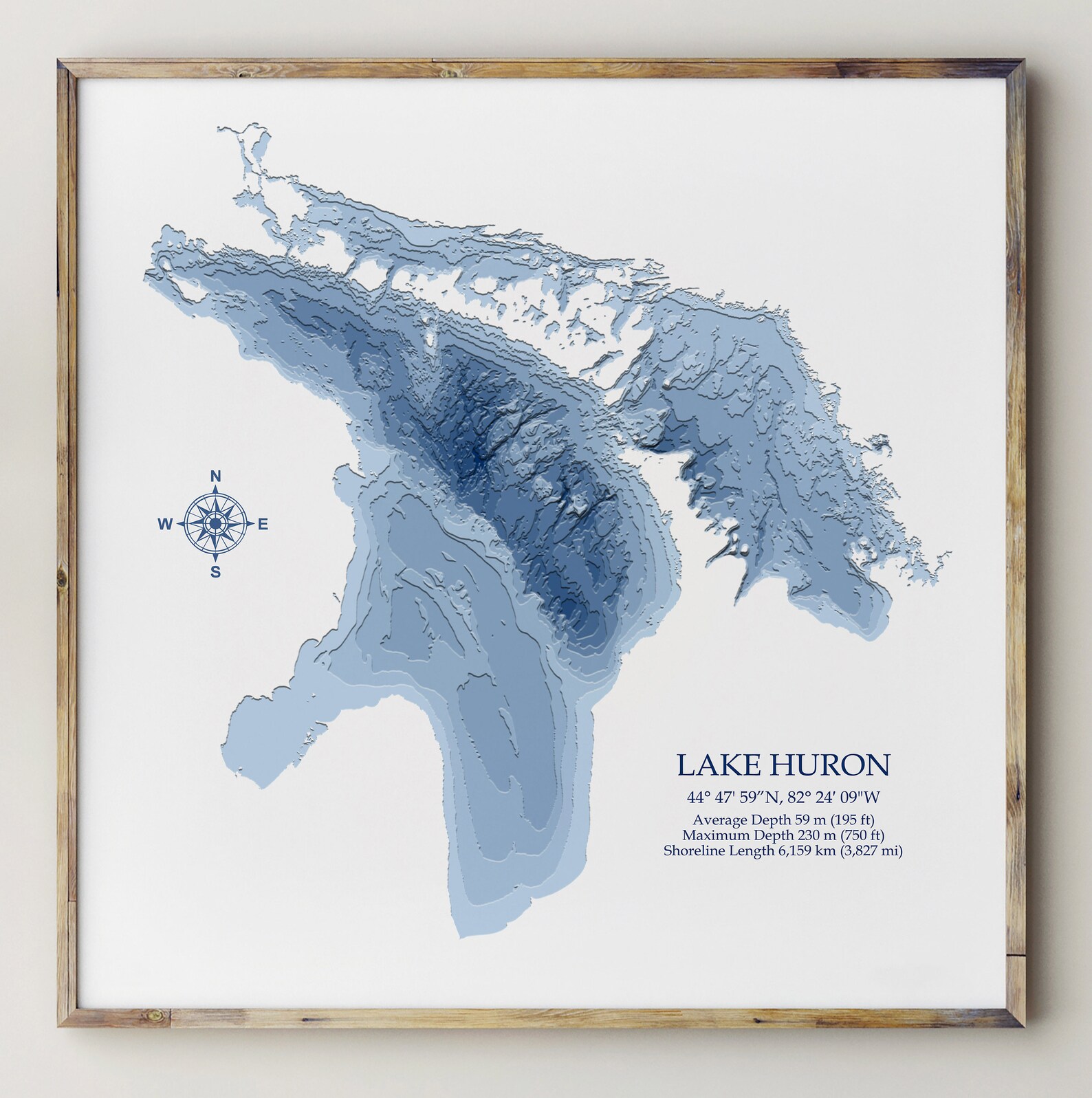 Lake Huron Bathymetric Map Lake Depth Print Etsy