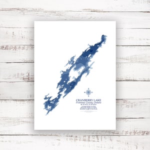 Comté de Frontenac de Cranberry Lake | Carte du lac | Carte bathymétrique | Carte personnalisée du lac | Impression poster 2D | Art de la carte du lac | Idée cadeau chalet chalet