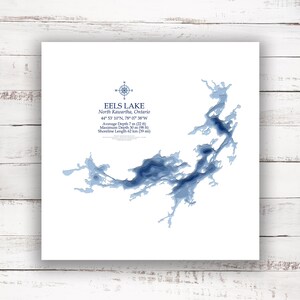 Eels Lake North Kawartha | Lac, carte | Carte bathymétrique | Carte personnalisée du lac | Impression poster 2D | Art de la carte du lac | Idée cadeau chalet chalet