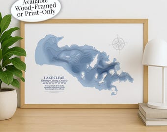 Lake Clear Map | Renfrew County Eganville Ontario | Custom Lake Map | Bathymetric Print | Lake Depth Map | Cabin Gift | Cottage Wall Art
