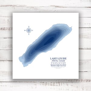 Lake Louise Alberta Carte bathymétrique Imprimer | 12"x12 » à 28"x28 » | Idée cadeau lac | Affiche Imprimer | Carte personnalisée des lacs | Cadeau de chalet