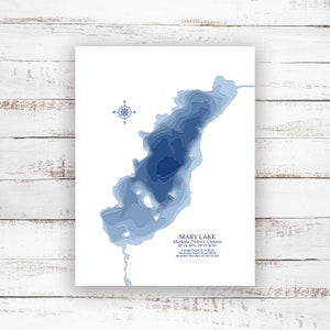 Mary Lake Muskoka Ontario | Bathymetric Map Print | 12&quot;x16&quot; to 30&quot;x40&quot; | Lake Gift Idea| Poster Print | Custom Lake Map | Cottage Gift