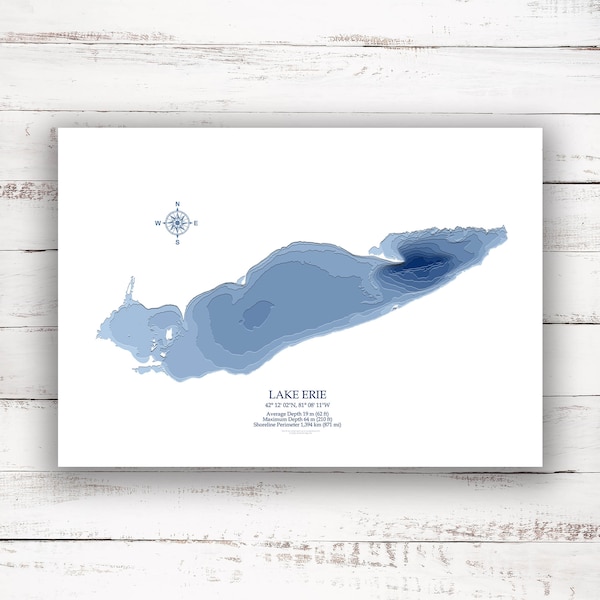 Lake Erie Great Lakes | Bathymetric Map | Print Poster | Custom Lake Map | Lake Erie Wall Art | Lake Map Art | Lake Erie Print