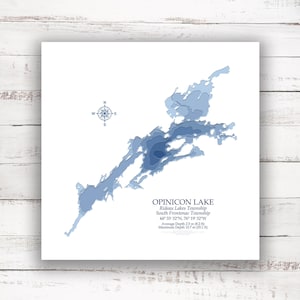 | d’Opinicon Lake Ontario Carte bathymétrique Profondeur du lac Imprimer | 12"x12 » à 28"x28 » | Affiche Imprimer | Carte personnalisée des lacs | Chalet Cadeau | Idée cadeau