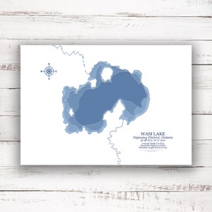 Lac Wasi Nipissing Ontario | Carte bathymétrique | Poster imprimé | Carte personnalisée du lac | Art mural Nipissing Ontario | Art de la carte du lac | Idée cadeau cabane