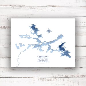 Lac Crane Ontario | Carte du lac | Carte bathymétrique | Carte personnalisée du lac | Impression poster 2D | Art de la carte du lac | Idée cadeau chalet chalet