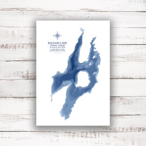 Lac Balsam Lacs Kawartha | Carte du lac | Carte bathymétrique | Carte personnalisée du lac | Impression poster 2D | Art de la carte du lac | Idée cadeau chalet chalet