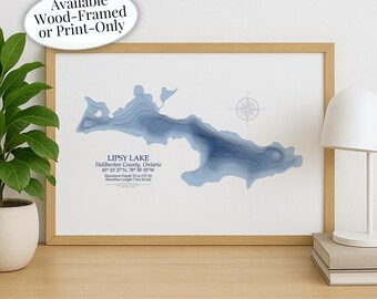 Lipsy Lake Map | Haliburton County  | Custom Lake Map | Bathymetric Print | Lake Depth Map | Cabin Gift | Cottage Wall Art