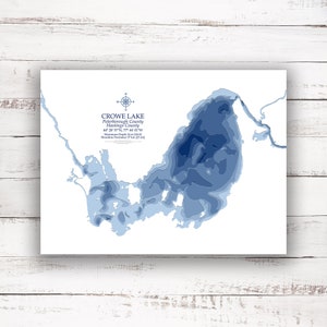 Lac Crowe Marmora Ontario | Carte du lac | Carte bathymétrique | Carte personnalisée du lac | Impression poster 2D | Art de la carte du lac | Idée cadeau chalet chalet