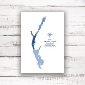 Lac Memphrémagog Québec | Carte bathymétrique | Poster imprimé | Art mural du Québec | Art de la carte du lac | Idée cadeau chalet | Lac Memphrémagog : carte