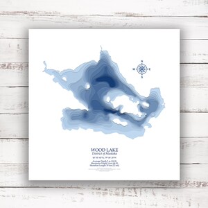 Wood Lake Muskoka (Ontario) | Carte bathymétrique Imprimer | 12"x12 » à 28"x28 » | Idée cadeau lac | Affiche Imprimer | Carte personnalisée des lacs | Cadeau de chalet