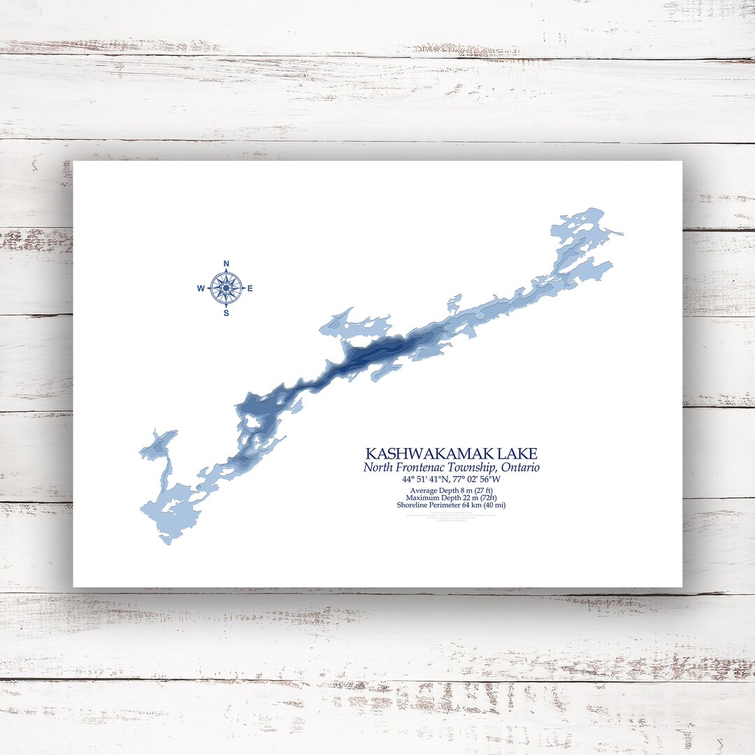 Kashwakamak Lake Ontario Bathymetric Map Print 12x18 to 28x40 Lake Gift Idea Poster Print Custom Kashwakamak Lake Ontario Bathymetric Map Print 12x18 to 28x40 Lake Gift Idea Poster Print Custom