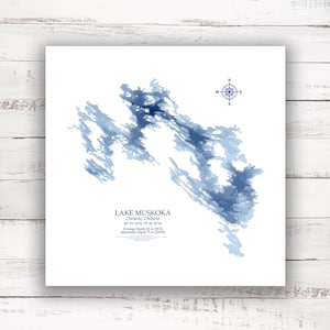 Lake Muskoka Ontario | Bathymetric Map Lake Depth Print | 12&quot;x12&quot; to 28&quot;x28&quot; | Lake Gift Idea| Poster Print | Custom Lake Map | Cottage Gift