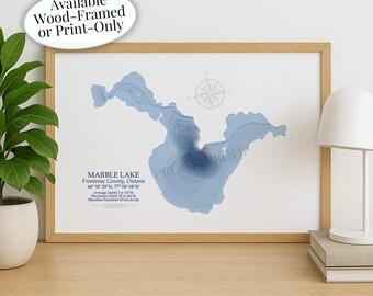 Marble Lake Map | Frontenac County Cloyne | Custom Lake Map | Bathymetric Print | Lake Depth Map | Cabin Gift | Cottage Wall Art
