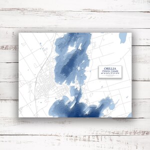 Orillia Ontario | Carte bathymétrique | Poster imprimé | Carte personnalisée du lac | Art mural | Art de la carte du lac | Lac Simcoe | Lac Couchiching
