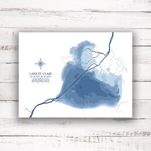| du lac Sainte-Claire, en Ontario Carte bathymétrique Profondeur du lac Imprimer | | de 12 » x16 » à 30 » x40 » | de carte personnalisée | d’impression d’affiches carte du lac personnalisée | Cadeau Cottage