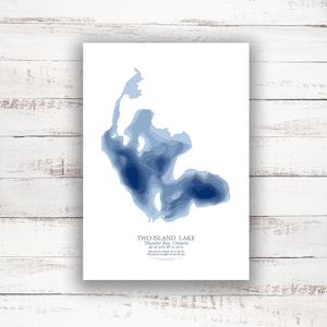 Two Island Lake Thunder Bay | Carte bathymétrique | Poster imprimé | Carte personnalisée du lac | Art mural de Thunder Bay | Art de la carte du lac | Idée cadeau cabane