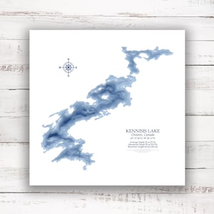 Kennisis Lake 28x28 Digital Download | Bathymetric Map |  | Lake Gift Idea | Custom Lake Map