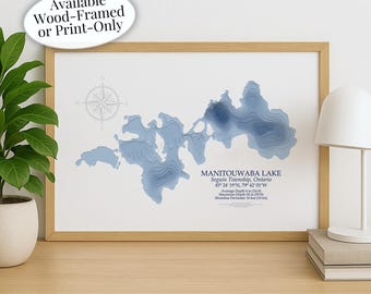 Manitouwaba Lake Map | Seguin Township McKellar | Custom Lake Map | Bathymetric Print | Lake Depth Map | Cabin Gift | Cottage Wall Art