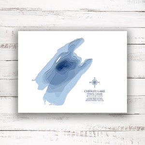 Lac Chesley Ontario | Carte du lac | Carte bathymétrique | Carte personnalisée du lac | Impression poster 2D | Art de la carte du lac | Idée cadeau chalet chalet