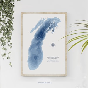Lac Michigan | Carte bathymétrique Profondeur du lac Imprimer | 12"x18 » à 28"x40 » | Idée cadeau du lac| Affiche Imprimer | Carte personnalisée des lacs | Cadeau de chalet