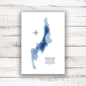 Roche Lake Colombie-Britannique | Carte bathymétrique Imprimer | 12"x18 » à 28"x40 » | Idée cadeau lac | Affiche Imprimer | Carte personnalisée des lacs | Cadeau de chalet