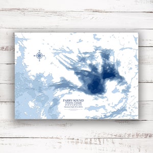 | de Parry Sound ontario Carte bathymétrique Profondeur du lac Imprimer | | de 12 » x18 » à 28"x40 » | d’idées cadeaux sur le lac | d’impression d’affiches carte du lac personnalisée | Cadeau Cottage