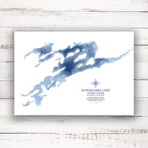 Lac Kawagama Hautes terres d'Haliburton | Carte bathymétrique | Imprimer l’affiche | Carte personnalisée du lac | Art mural de Haliburton | Art de la carte du lac | Cadeau de chalet